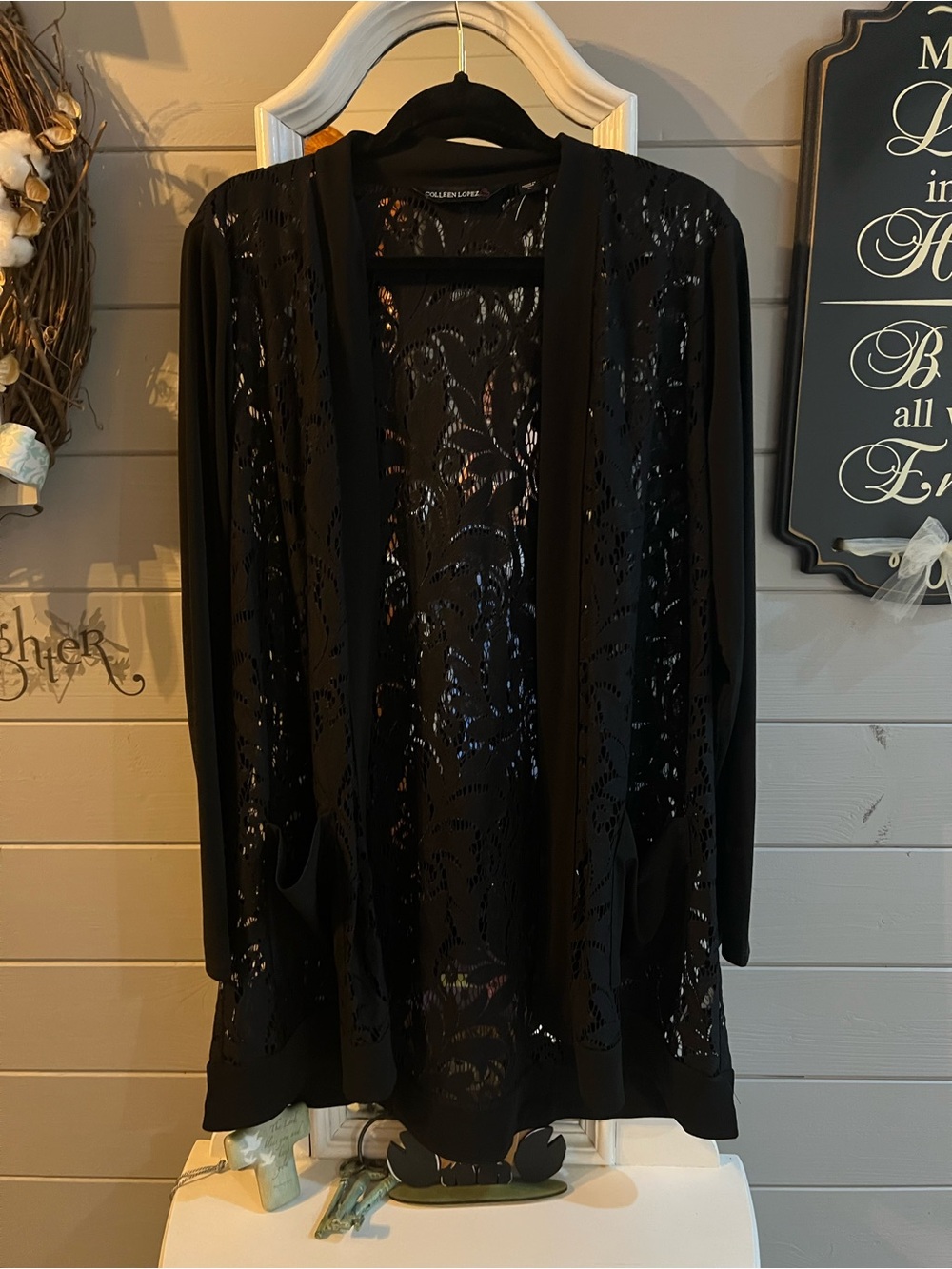 Colleen Lopez Black Lace Open-Work Cardigan NWOT - Picture 7 of 11